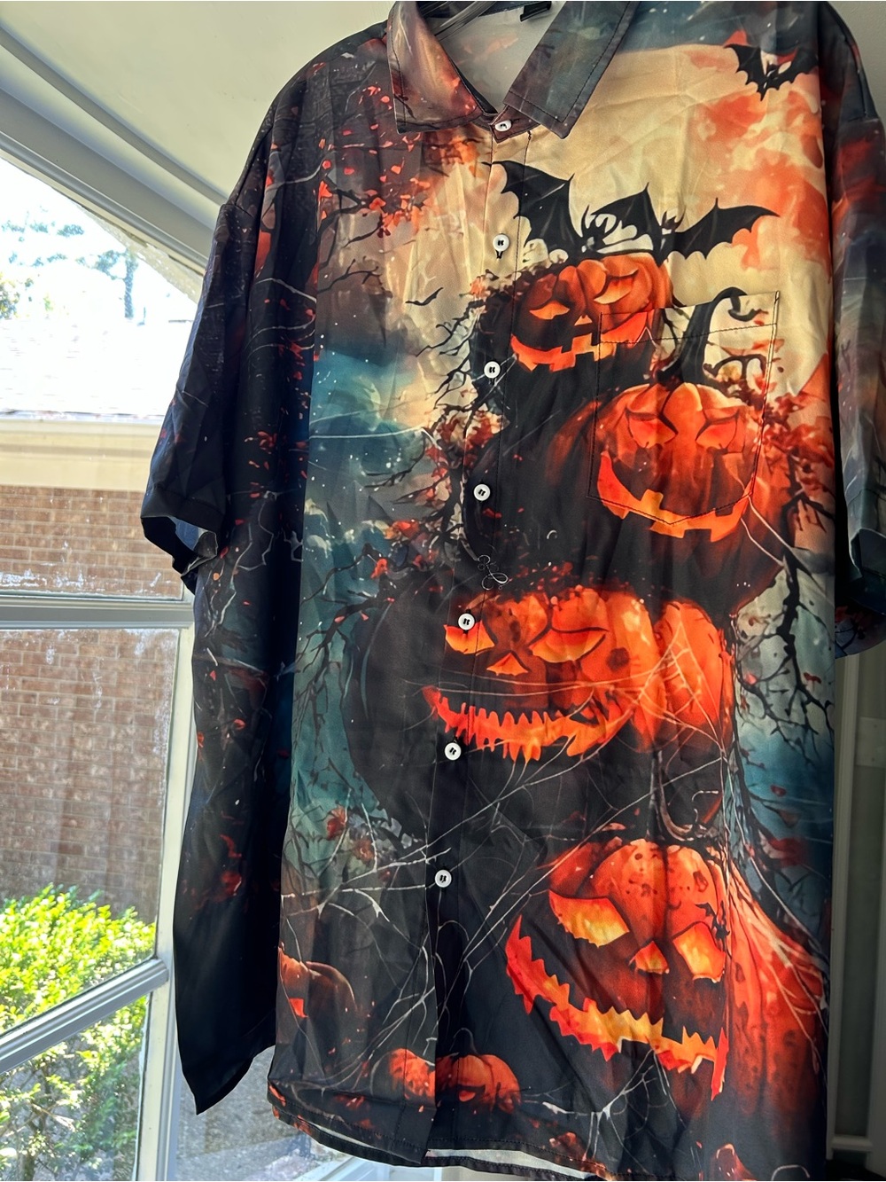 Halloween Pumpkin Print Short Sleeve Button-Down Shirt - Black & Orange